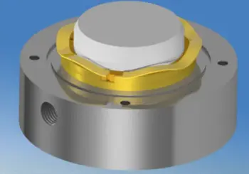 CAD rendering of a precision-engineered piston or seal ring in a custom housing assembly